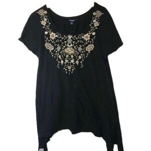 Terre Bleue Black Embroidered Tunic Top Women's Large Boho Floral Short Sleeve C